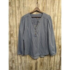 Falls Creek Chambray Puff Long Sleeve Top Women's XL Henley Lyocell Cotton
